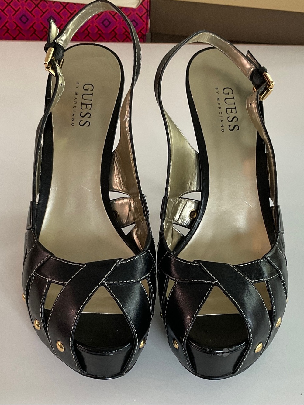 GUESS Black Leather Open-Toe Slingback Heels with Gold Studs